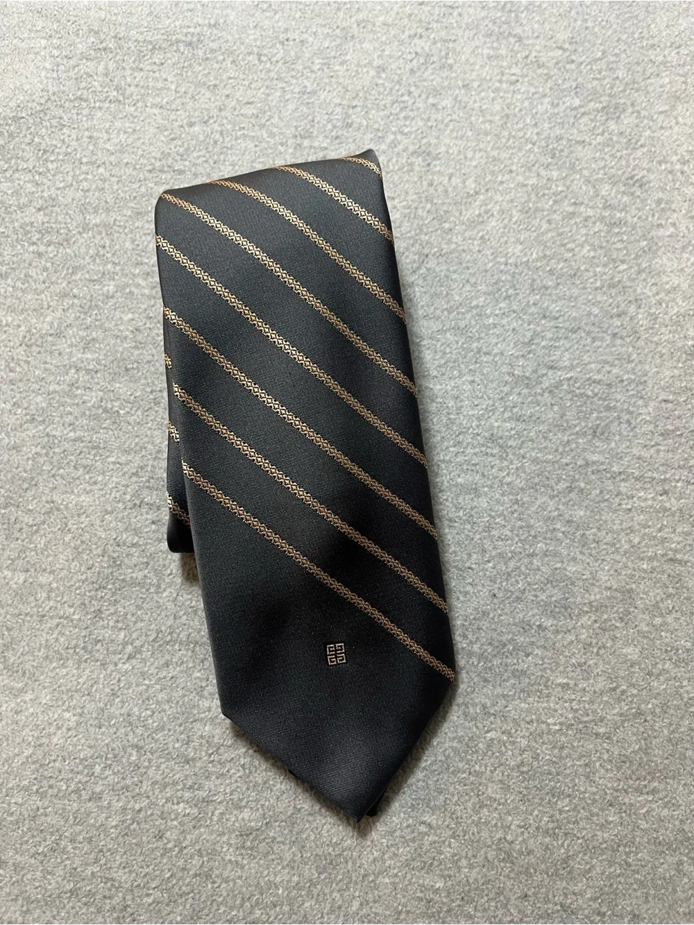 Vtg Givenchy Gray Tie with bronze woven Diagonal Stripes.